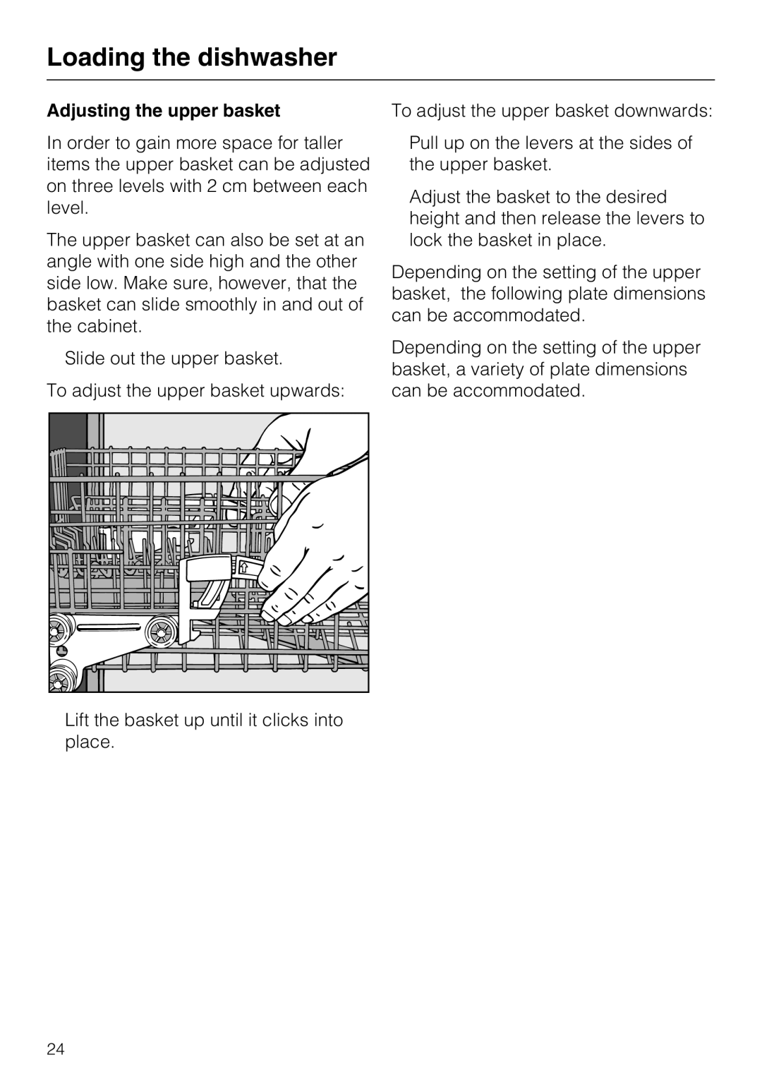 Miele G 5570, G 5575 operating instructions Adjusting the upper basket 