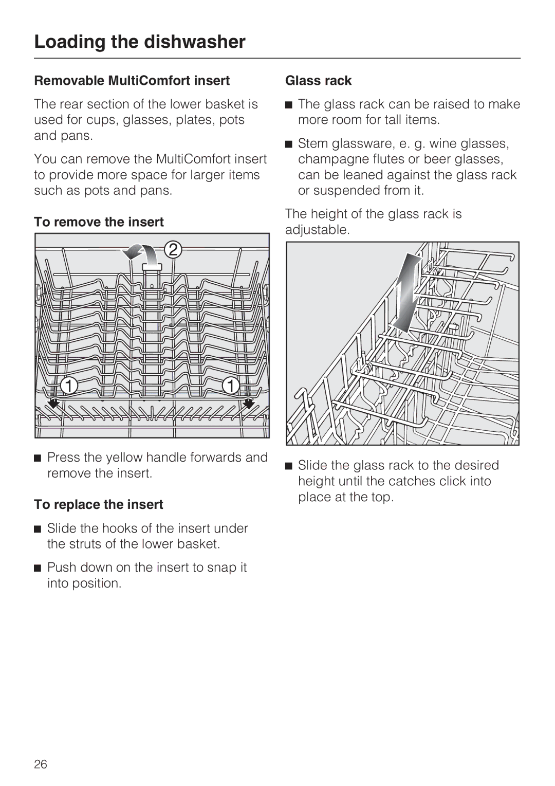Miele G 5570, G 5575 Removable MultiComfort insert, To remove the insert, To replace the insert, Glass rack 