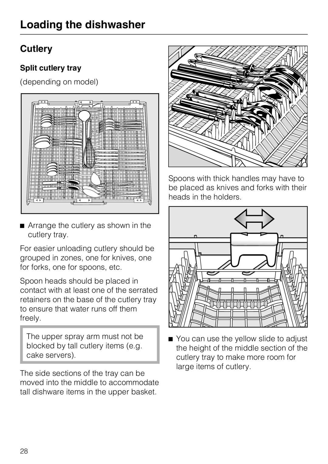 Miele G 5570, G 5575 operating instructions Cutlery, Split cutlery tray 