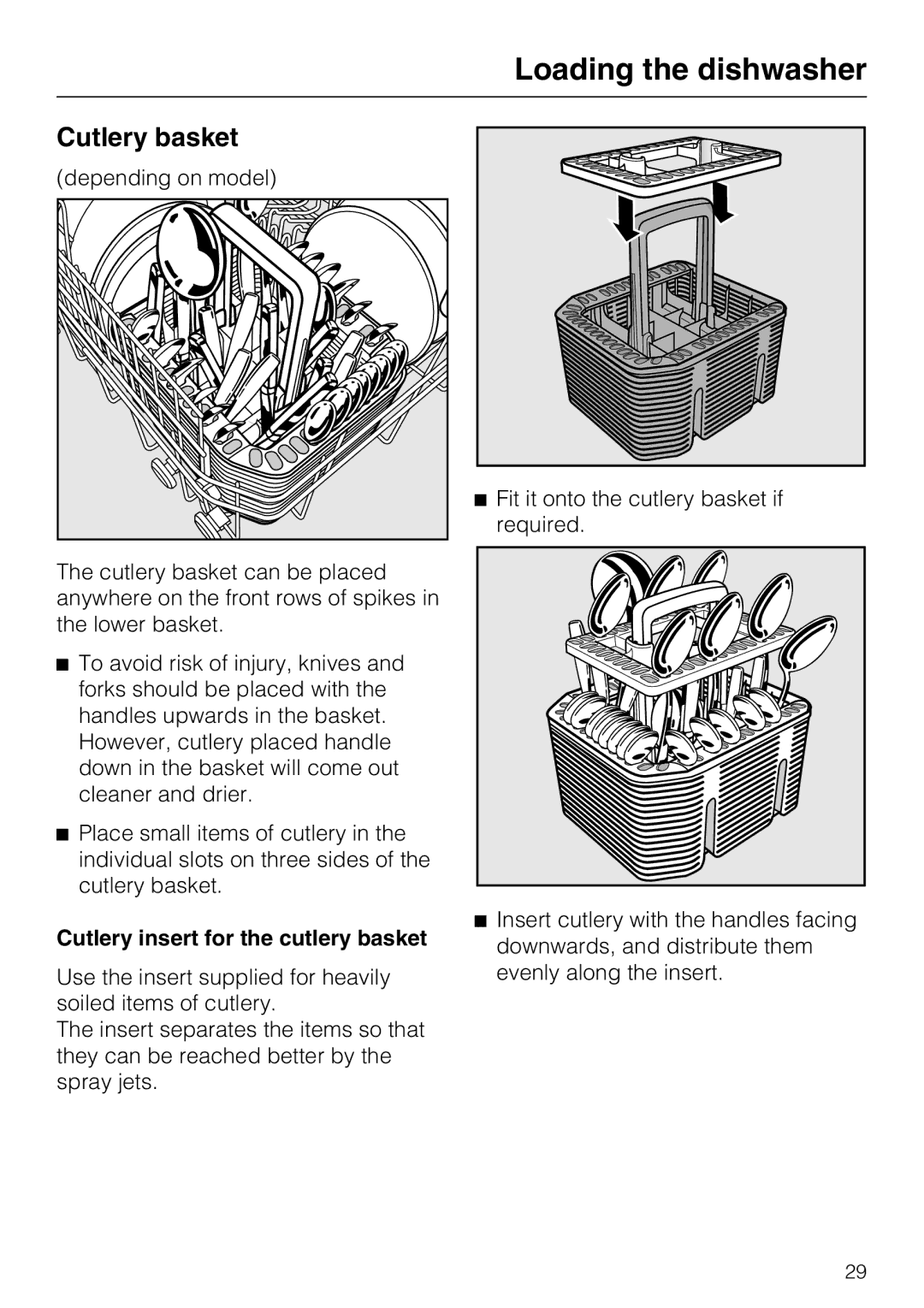 Miele G 5575, G 5570 operating instructions Cutlery basket, Cutlery insert for the cutlery basket 