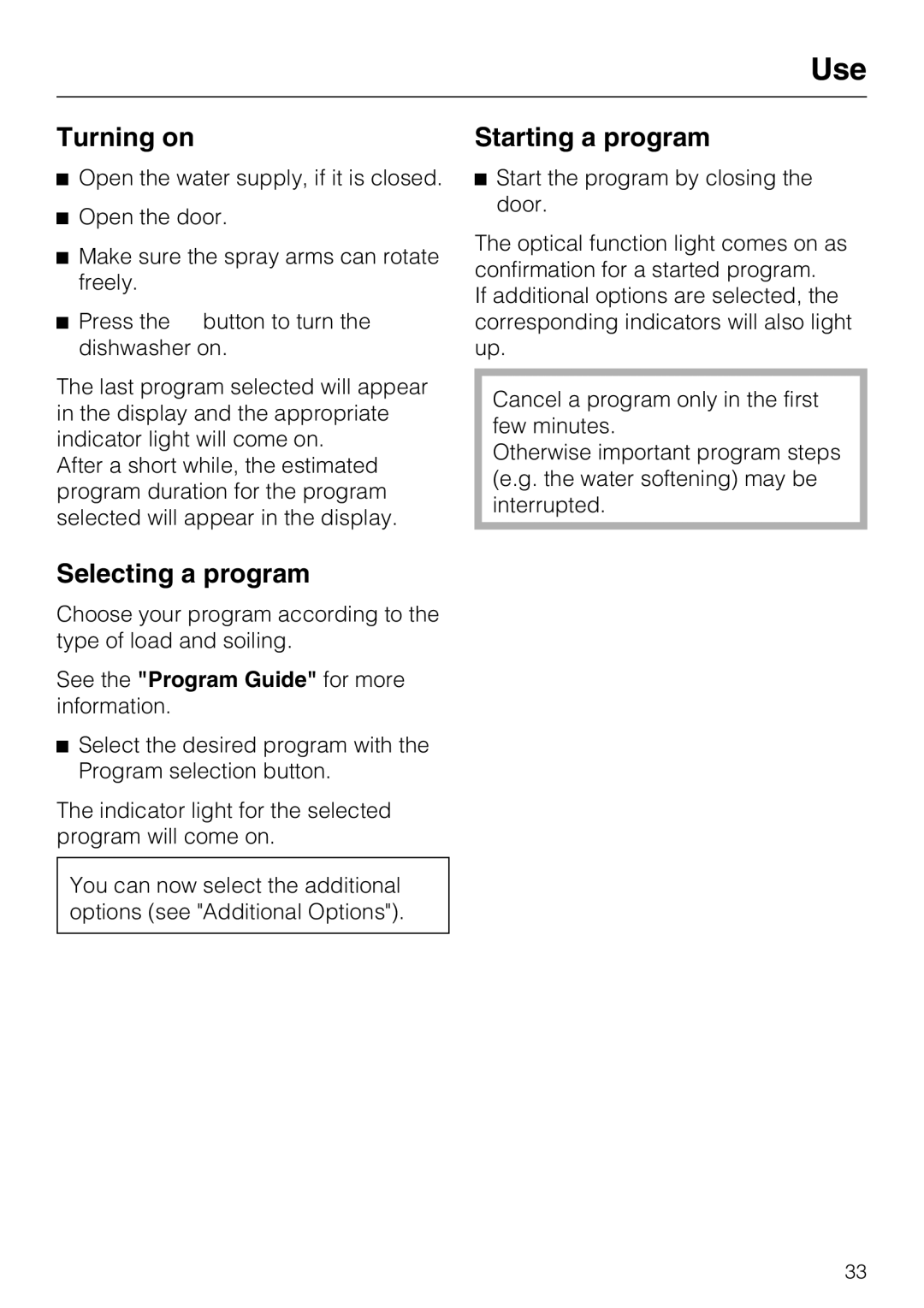 Miele G 5575, G 5570 operating instructions Turning on, Selecting a program, Starting a program 