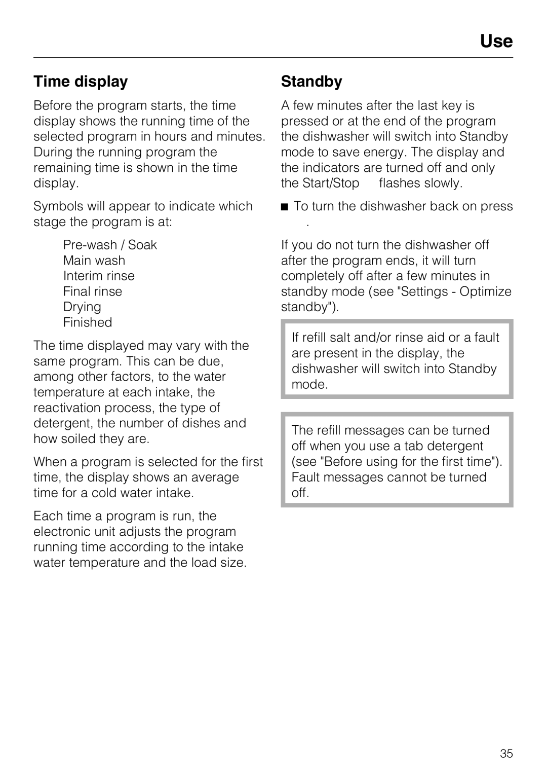 Miele G 5575, G 5570 operating instructions Time display, Standby 