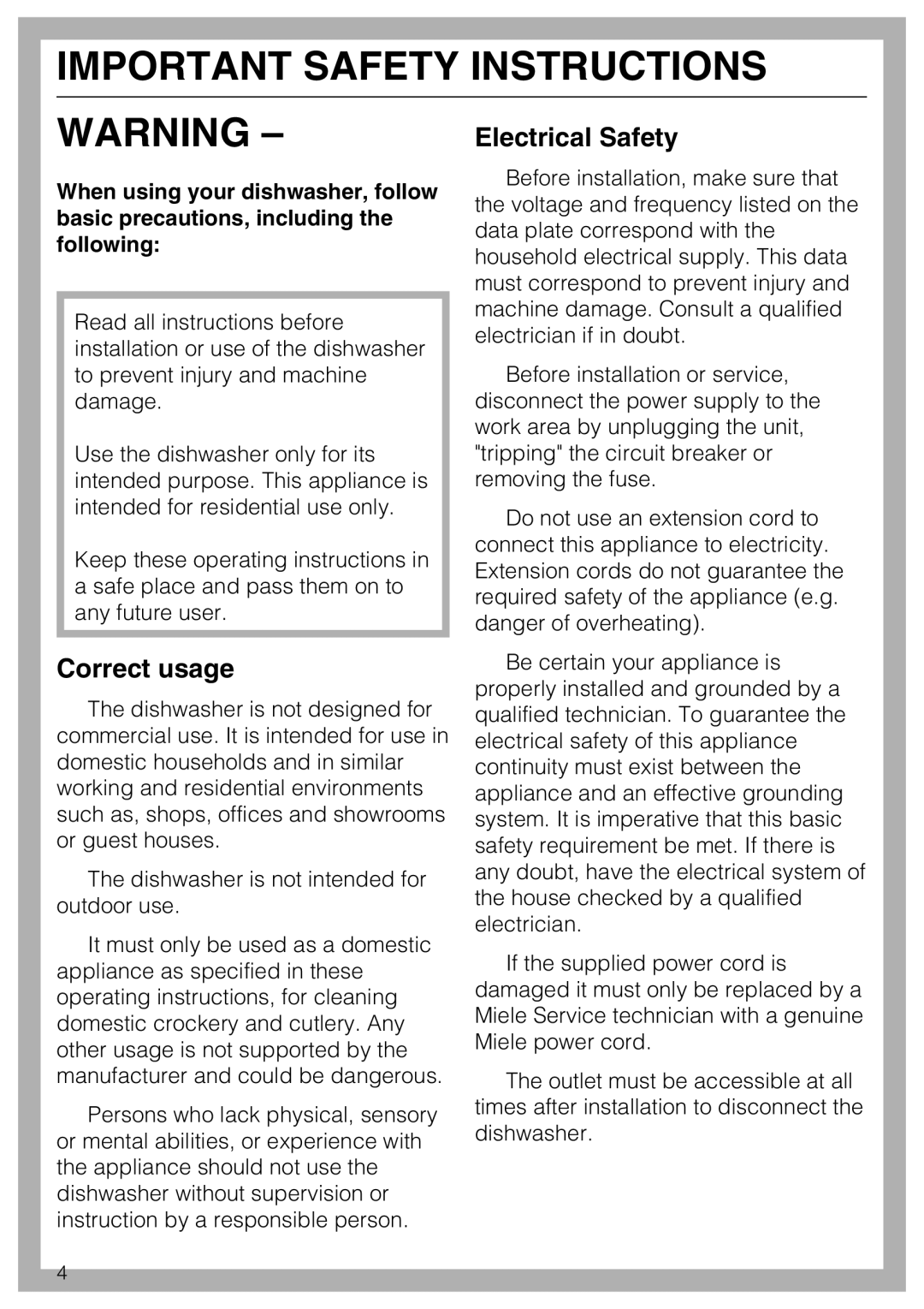 Miele G 5570, G 5575 operating instructions Electrical Safety, Correct usage 