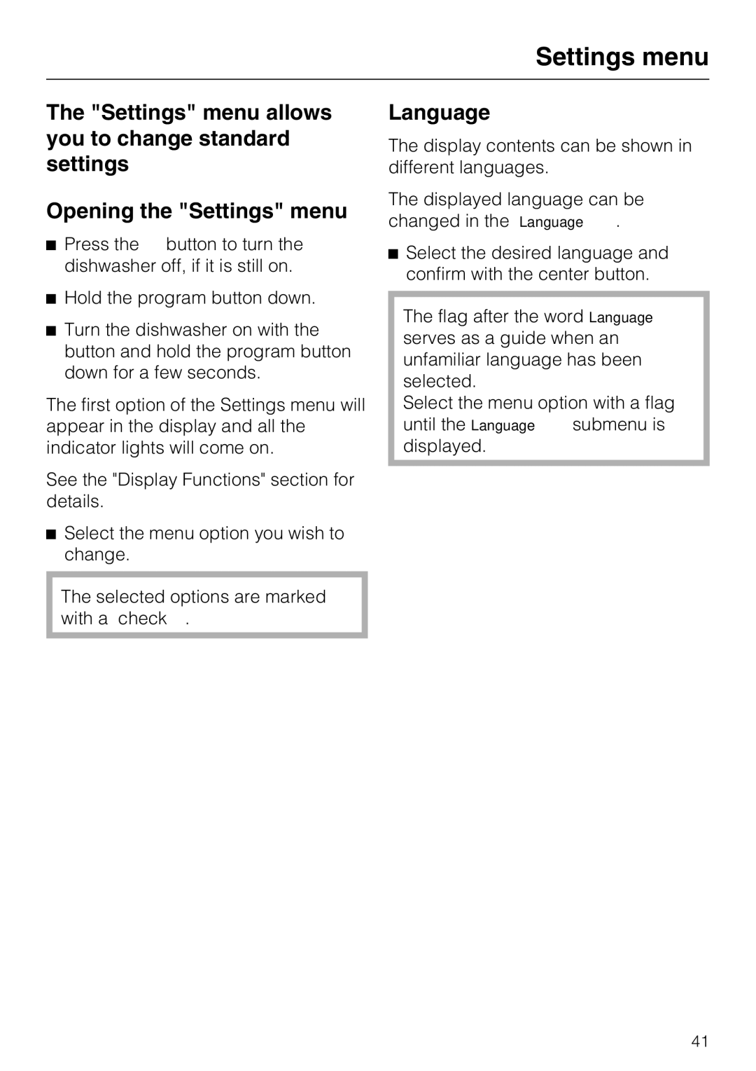 Miele G 5575, G 5570 operating instructions Settings menu, Language 