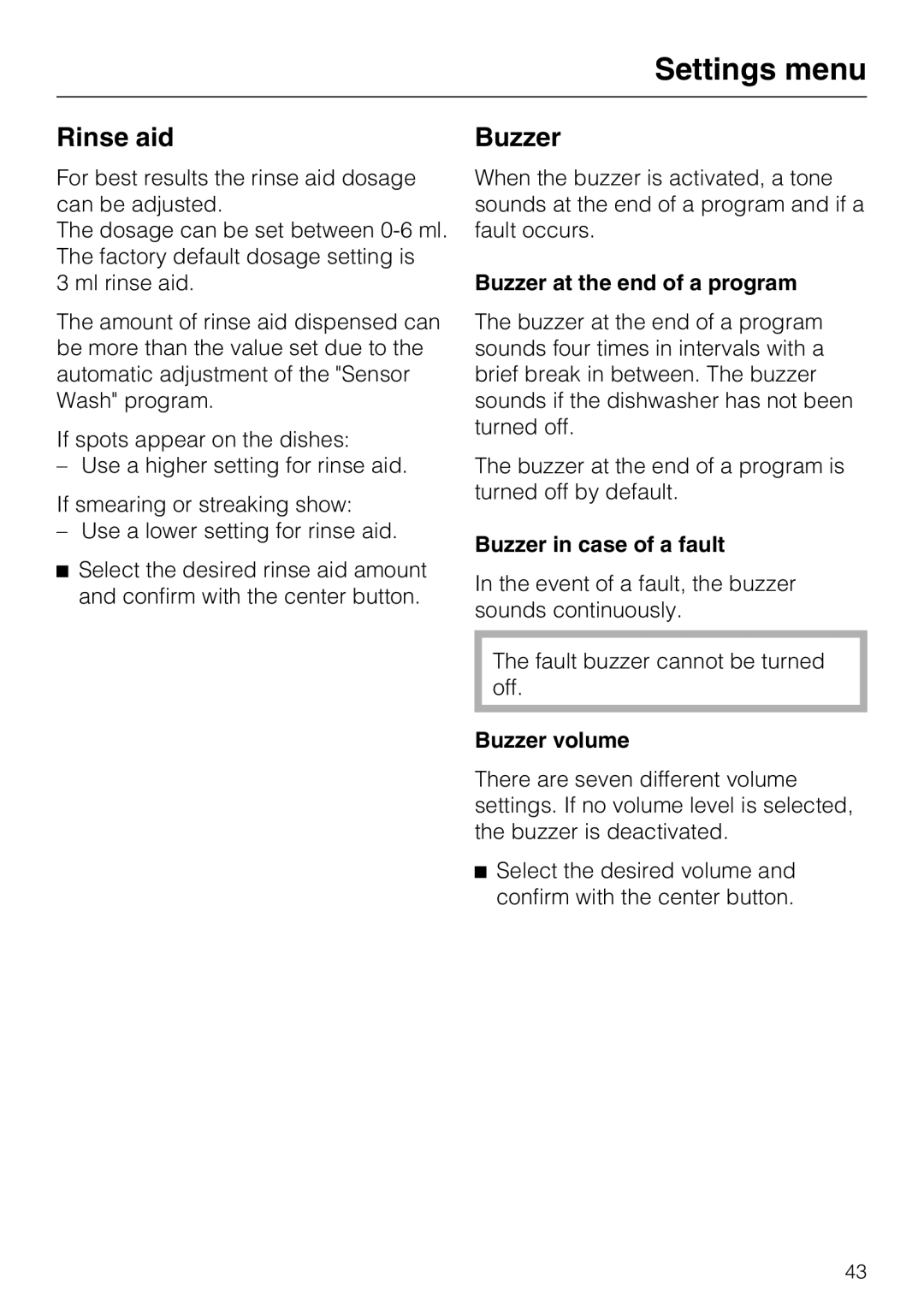 Miele G 5575, G 5570 operating instructions Buzzer at the end of a program, Buzzer in case of a fault, Buzzer volume 