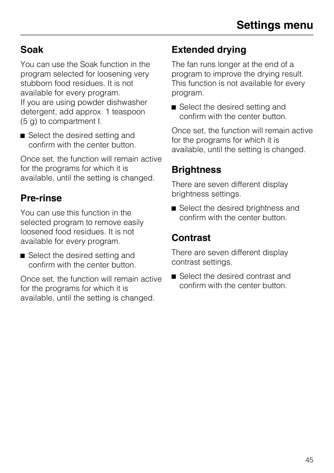 Miele G 5575, G 5570 operating instructions Soak, Pre-rinse, Extended drying, Brightness, Contrast 