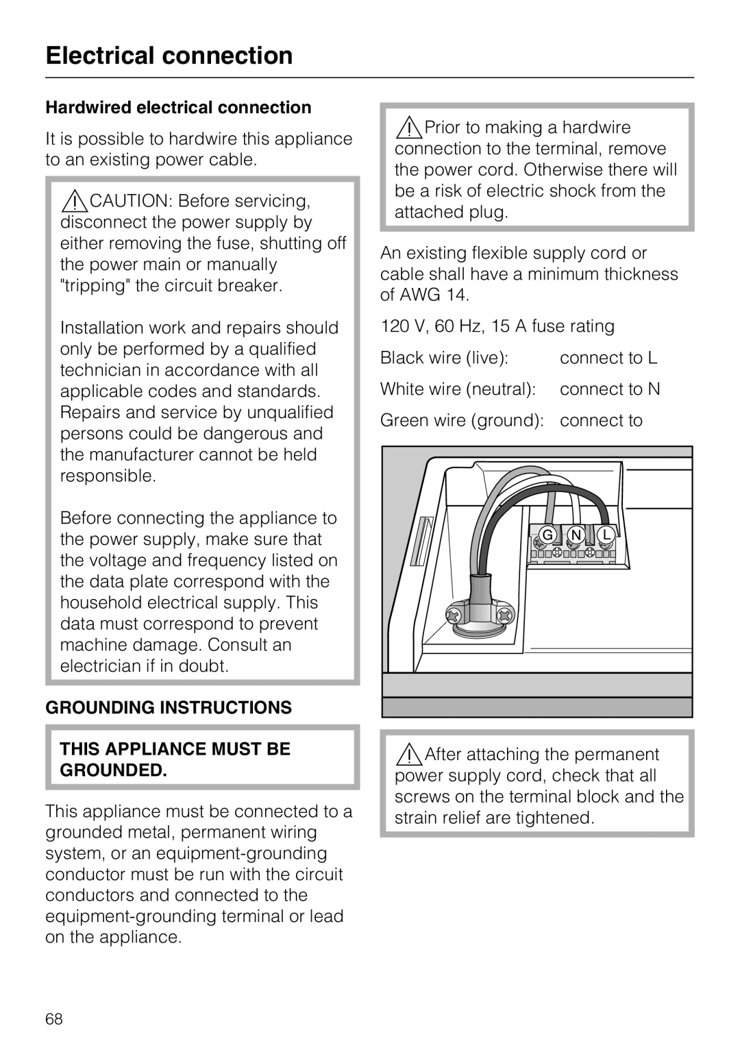 Miele G 5570, G 5575 Hardwired electrical connection, Grounding Instructions This Appliance Must be Grounded 