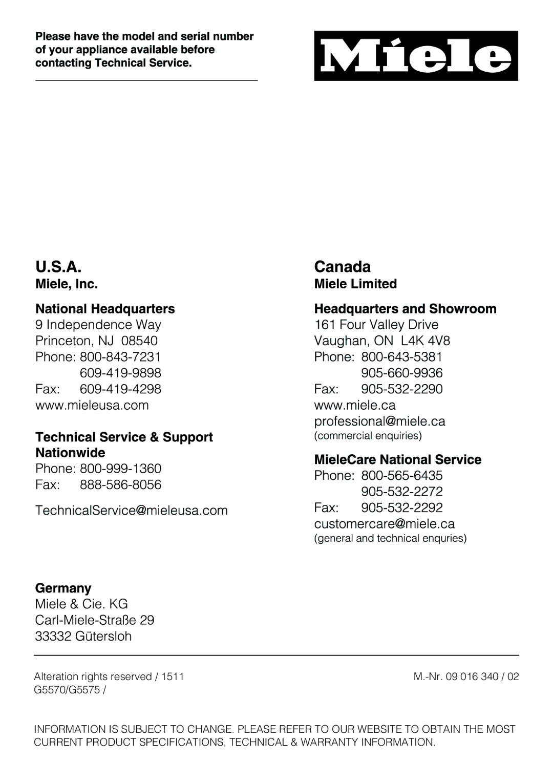 Miele G 5570, G 5575 operating instructions Alteration rights reserved Nr 016 340 G5570/G5575 