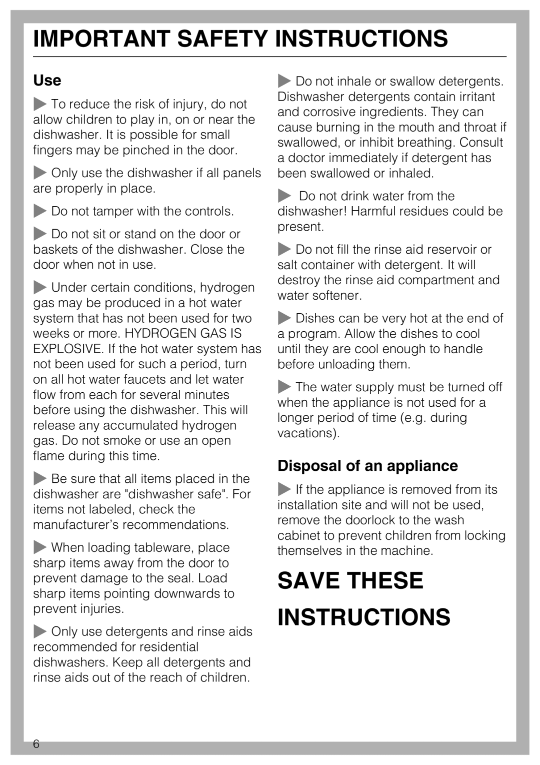 Miele G 5570, G 5575 manual Save These Instructions, Disposal of an appliance, Important Safety Instructions 