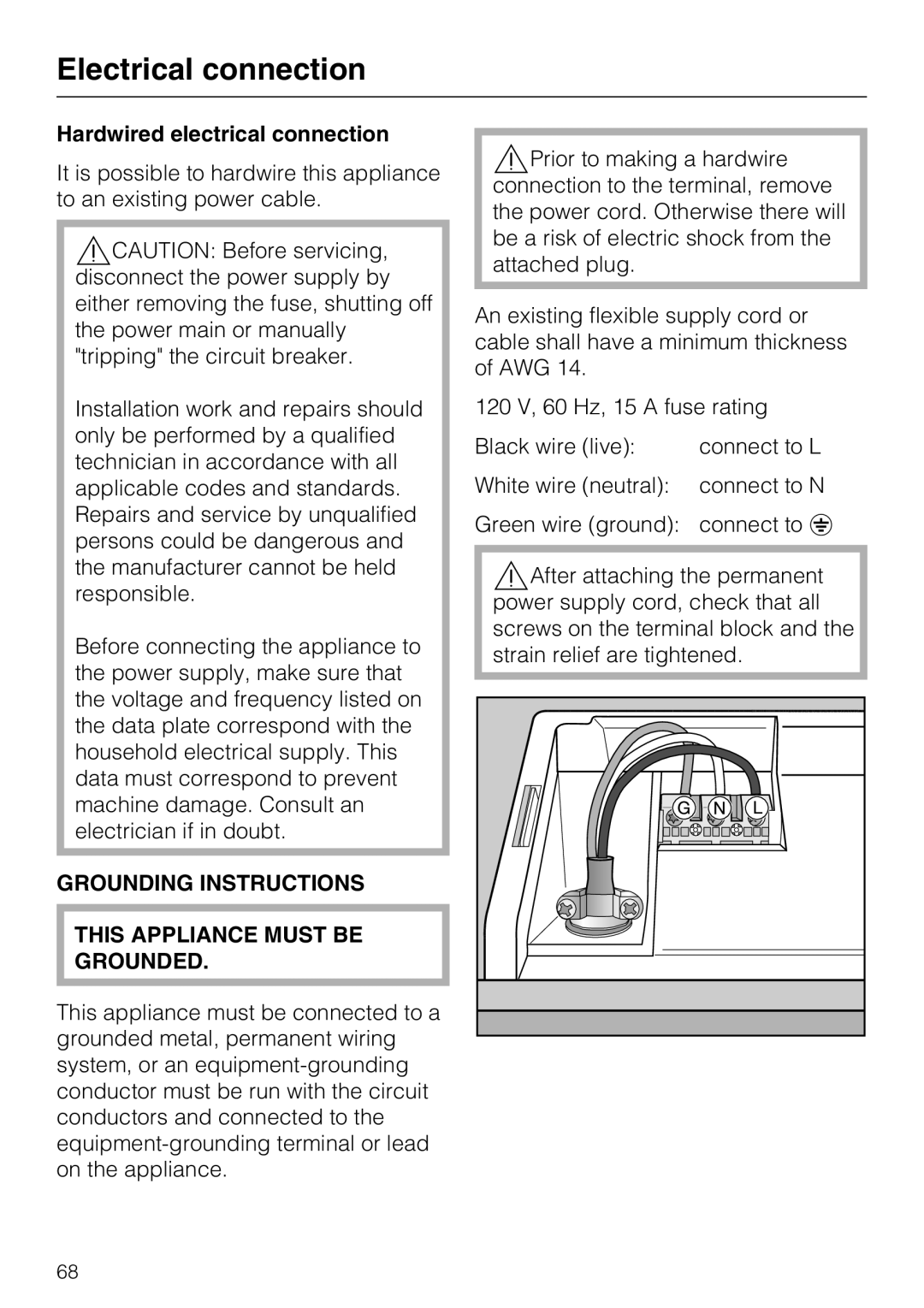 Miele G 5570, G 5575 manual Electrical connection, Hardwired electrical connection, Grounding Instructions 