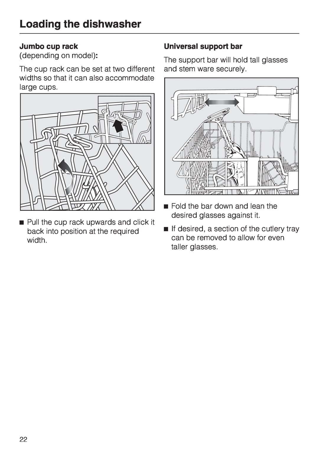 Miele G 5570, G 5575 operating instructions Loading the dishwasher, Jumbo cup rack, Universal support bar 