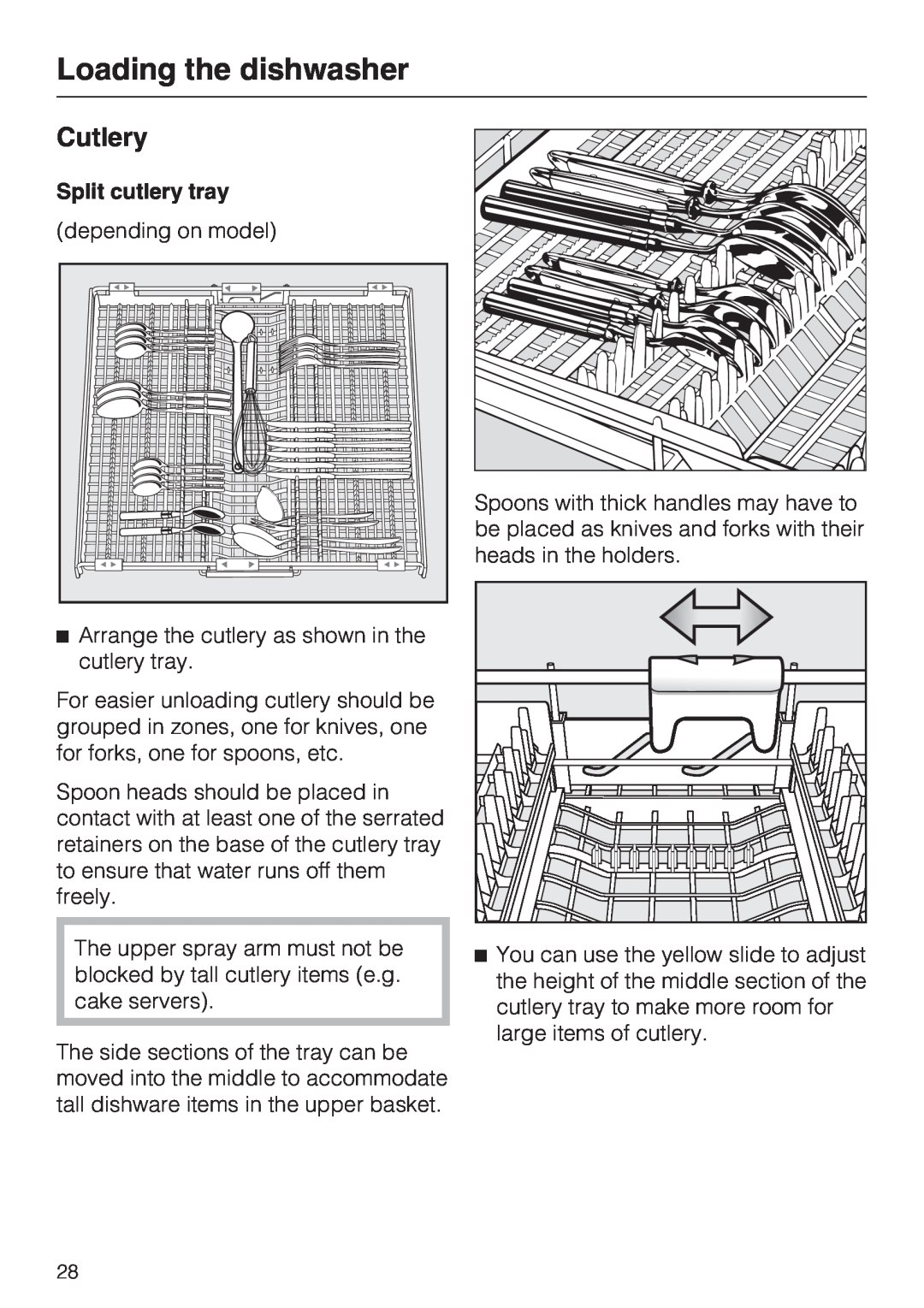 Miele G 5570, G 5575 operating instructions Cutlery, Loading the dishwasher, Split cutlery tray 