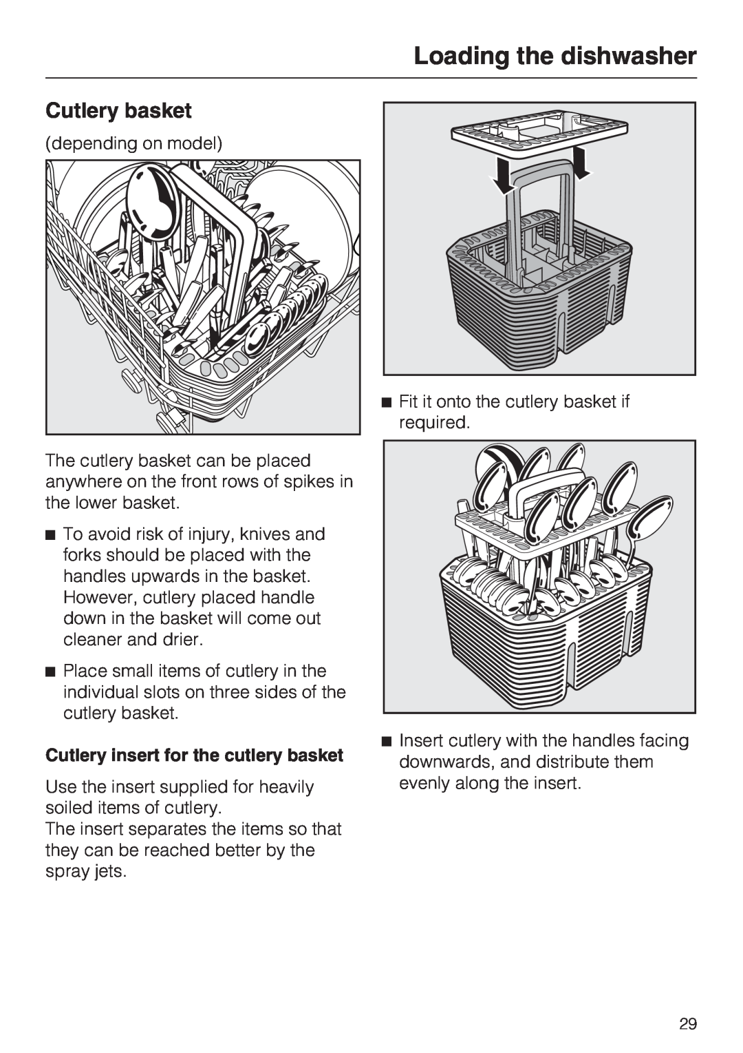 Miele G 5575, G 5570 operating instructions Cutlery basket, Loading the dishwasher, Cutlery insert for the cutlery basket 