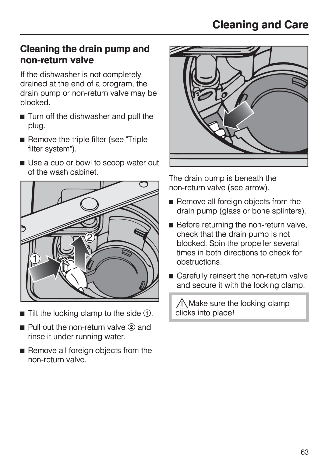 Miele G 5575, G 5570 operating instructions Cleaning the drain pump and non-returnvalve, Cleaning and Care 