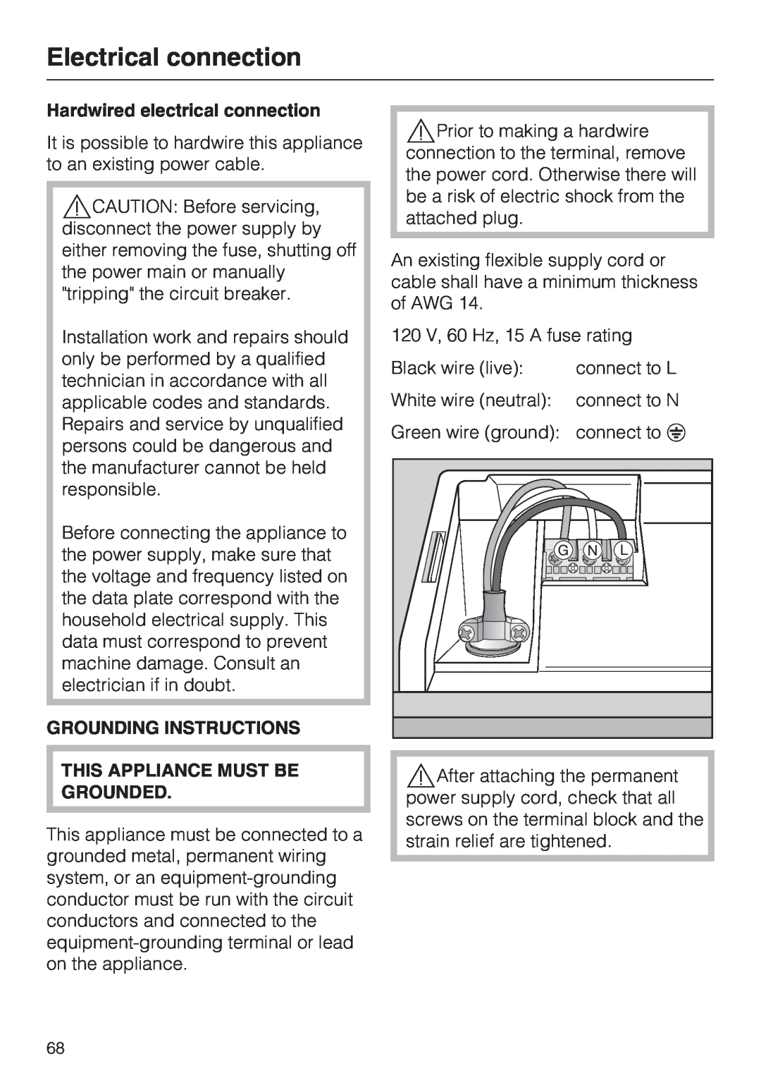 Miele G 5570, G 5575 operating instructions Electrical connection, Hardwired electrical connection, Grounding Instructions 