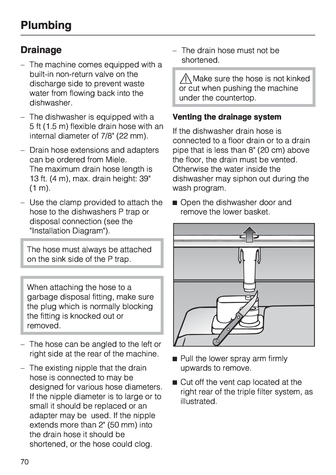 Miele G 5570, G 5575 operating instructions Drainage, Plumbing, Venting the drainage system 