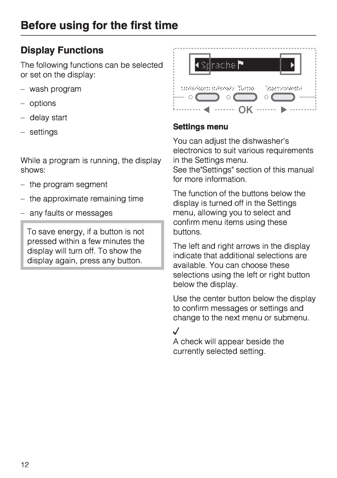 Miele G 5600, G 5605 manual Display Functions, Before using for the first time, Settings menu 