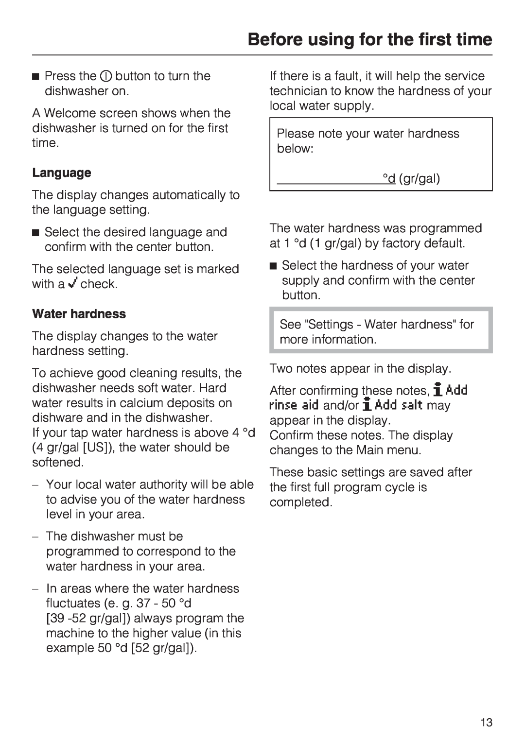 Miele G 5605, G 5600 manual Before using for the first time, Language, Water hardness 