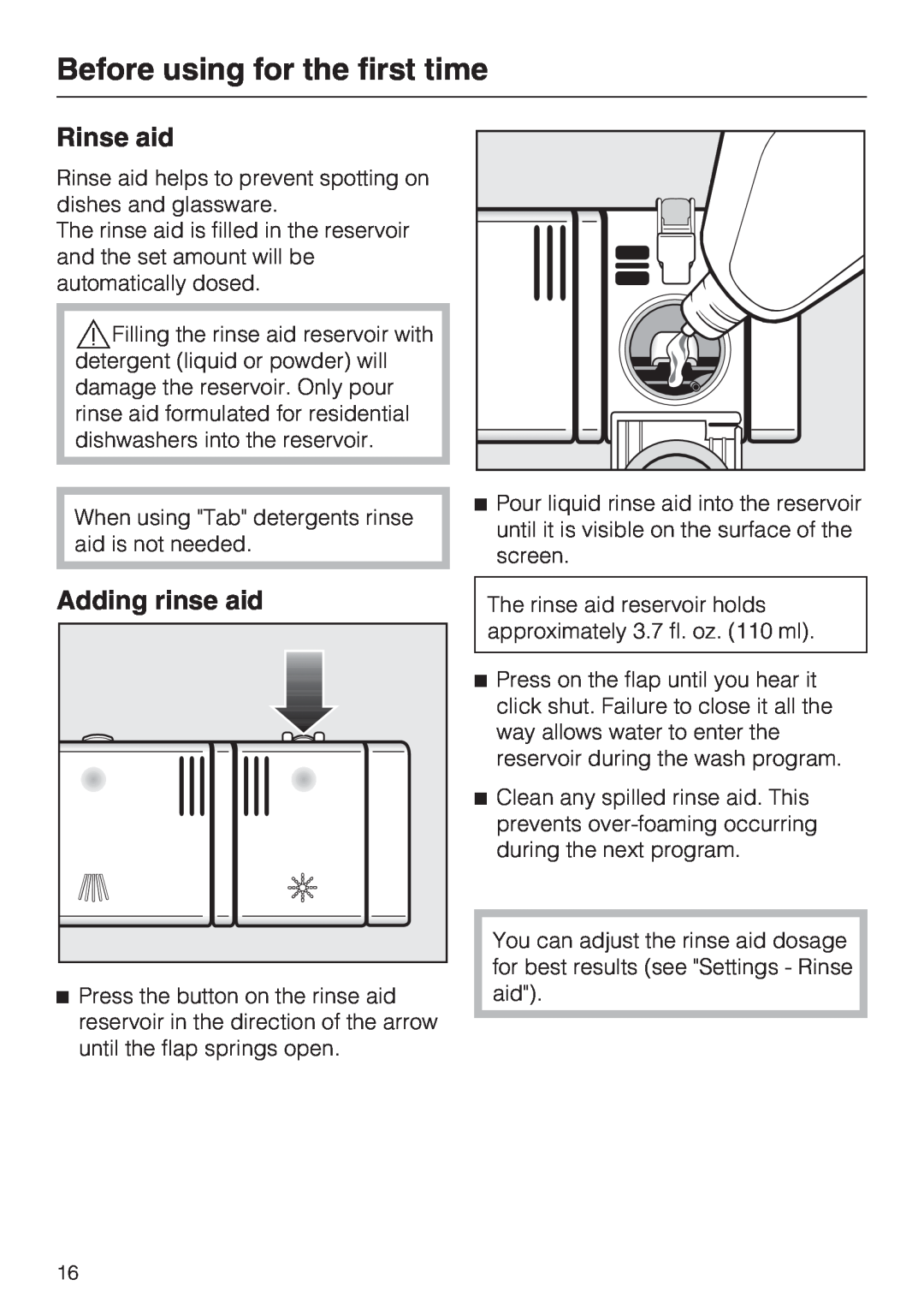 Miele G 5600, G 5605 manual Rinse aid, Adding rinse aid, Before using for the first time 