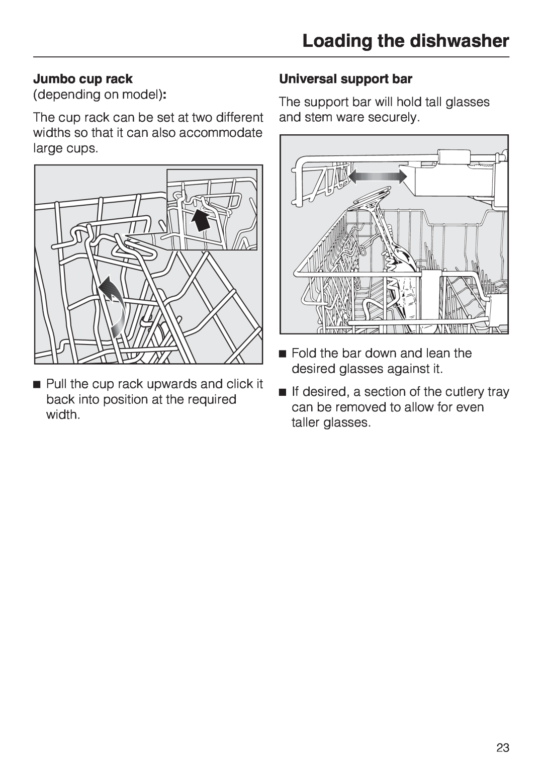 Miele G 5605, G 5600 manual Loading the dishwasher, Jumbo cup rack, Universal support bar 