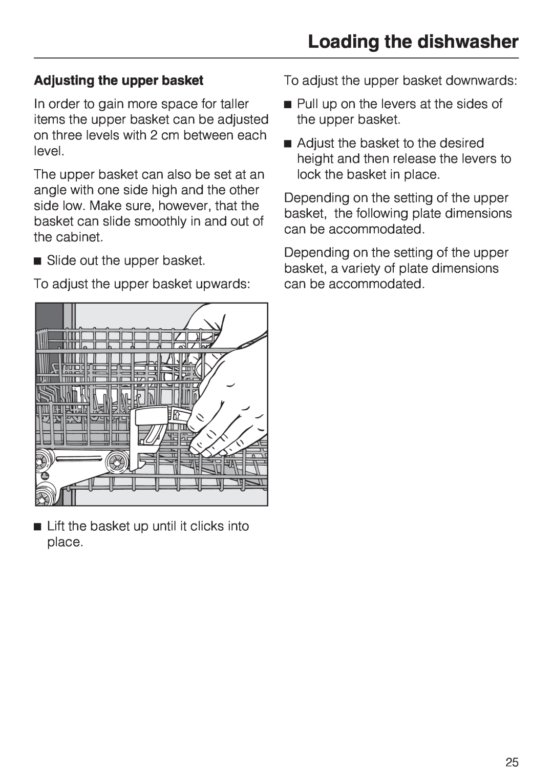 Miele G 5605, G 5600 manual Loading the dishwasher, Adjusting the upper basket 