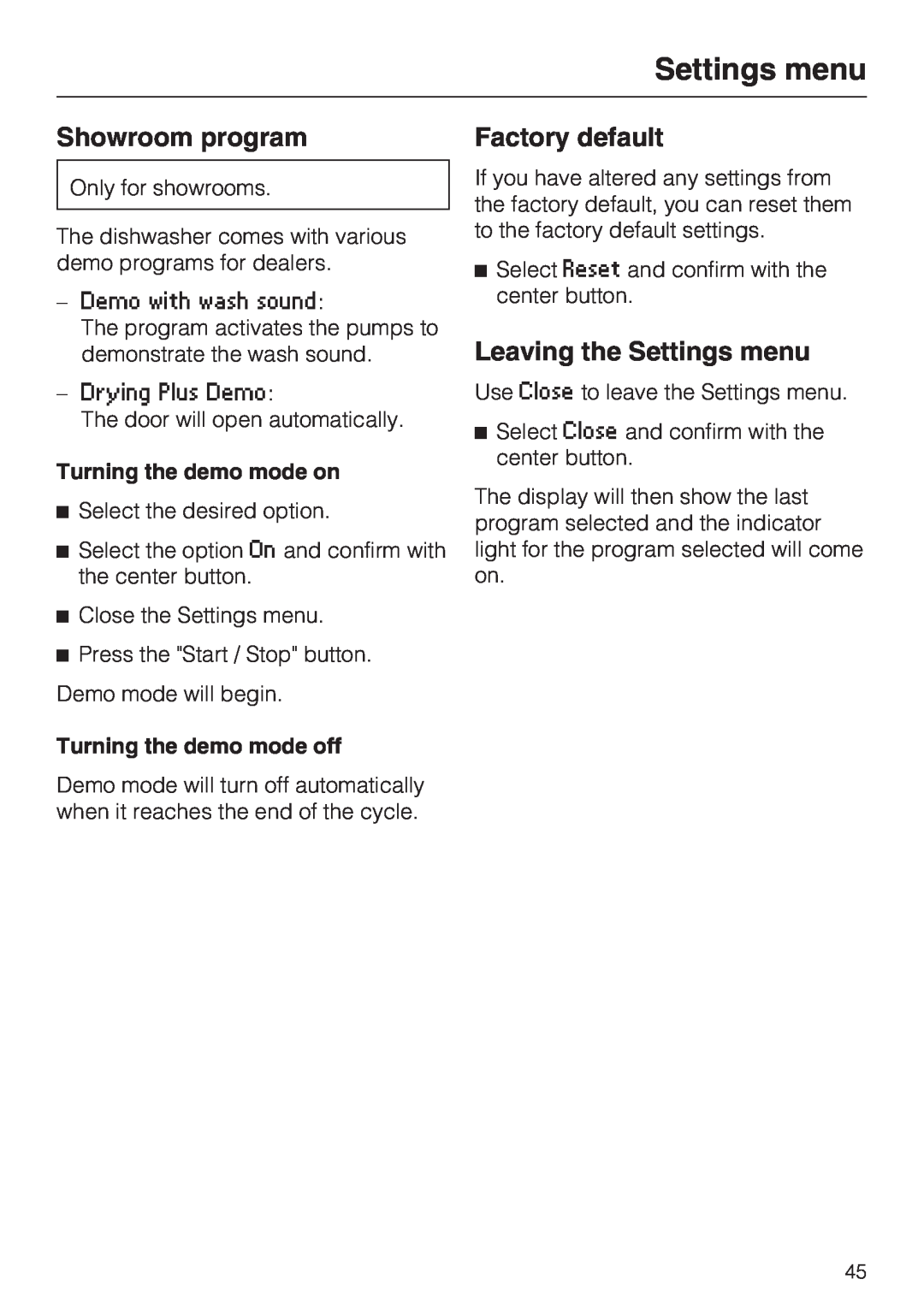 Miele G 5605, G 5600 manual Showroom program, Factory default, Leaving the Settings menu, Turning the demo mode on 