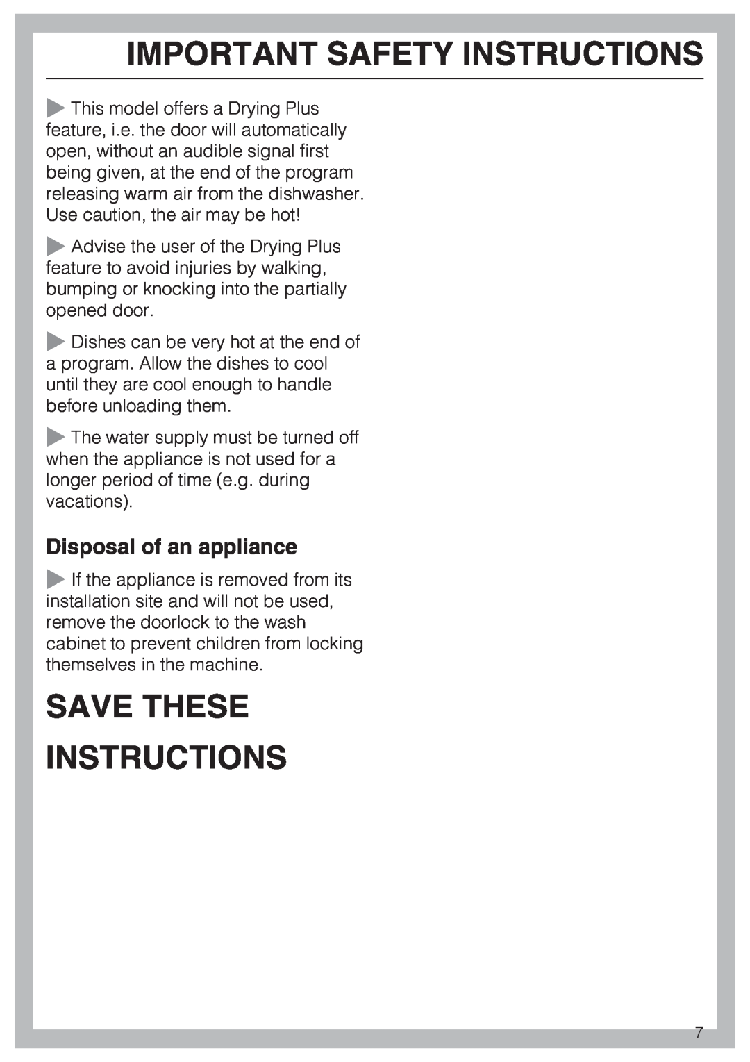 Miele G 5605, G 5600 manual Save These Instructions, Disposal of an appliance, Important Safety Instructions 