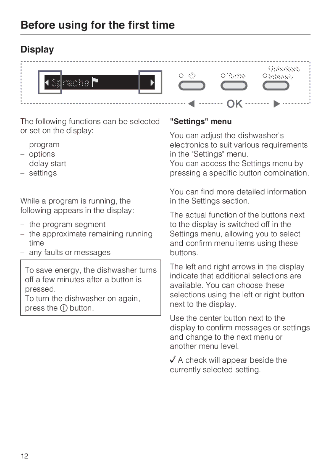 Miele G 5675, G 5670 manual Display, Settings menu 