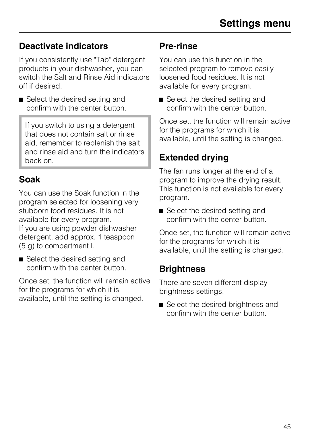 Miele G 5670, G 5675 manual Deactivate indicators, Soak, Pre-rinse, Extended drying, Brightness 
