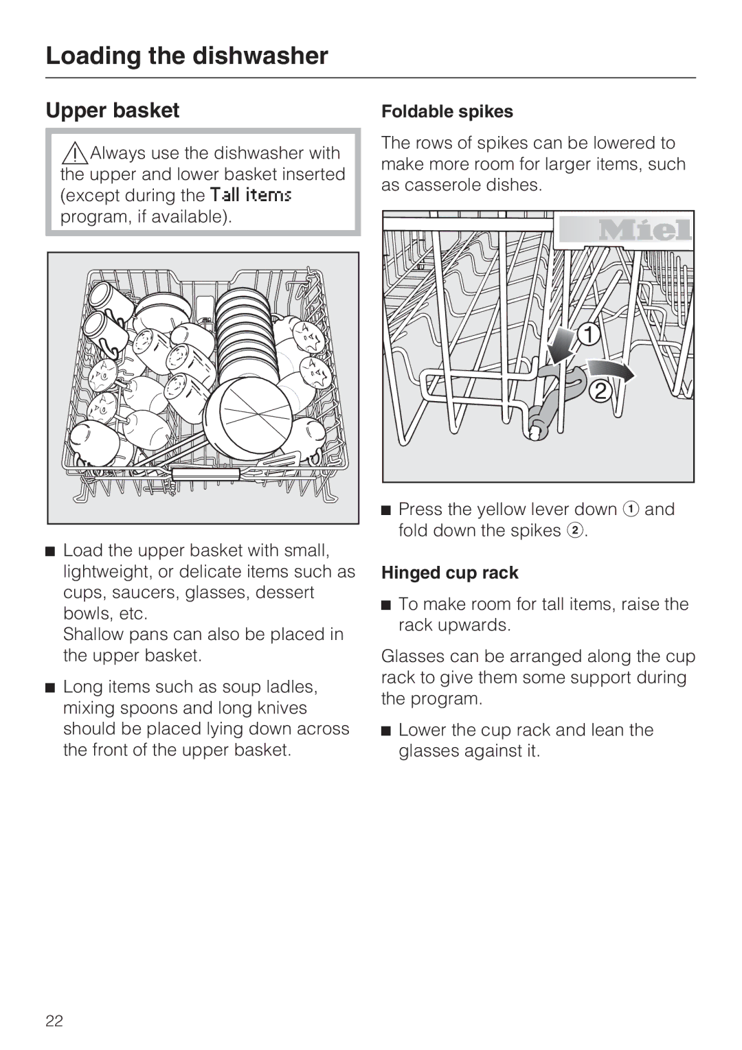 Miele G 5675, G 5670 manual Upper basket, Foldable spikes, Hinged cup rack 