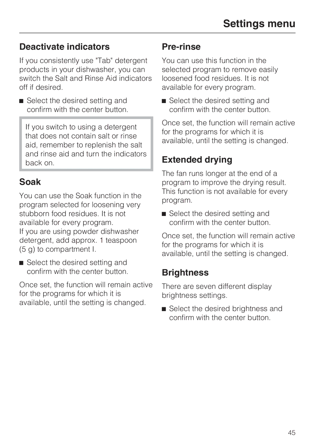 Miele G 5670, G 5675 manual Deactivate indicators, Soak, Pre-rinse, Extended drying, Brightness 