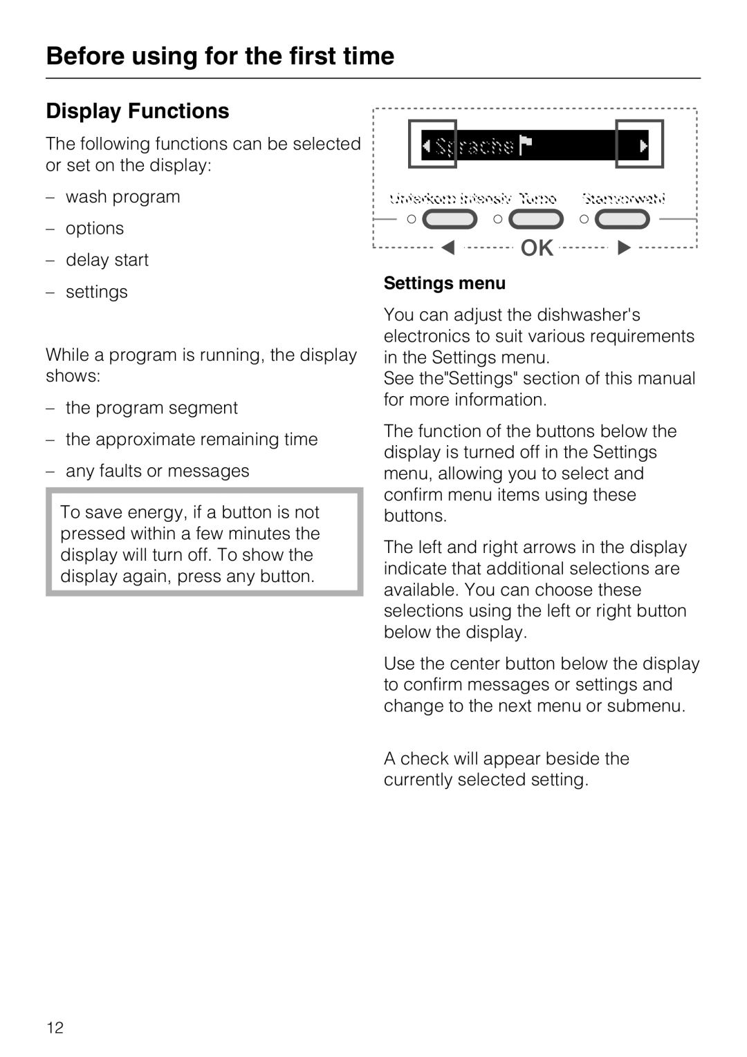 Miele G 5705, G 5700 operating instructions Display Functions, Settings menu 