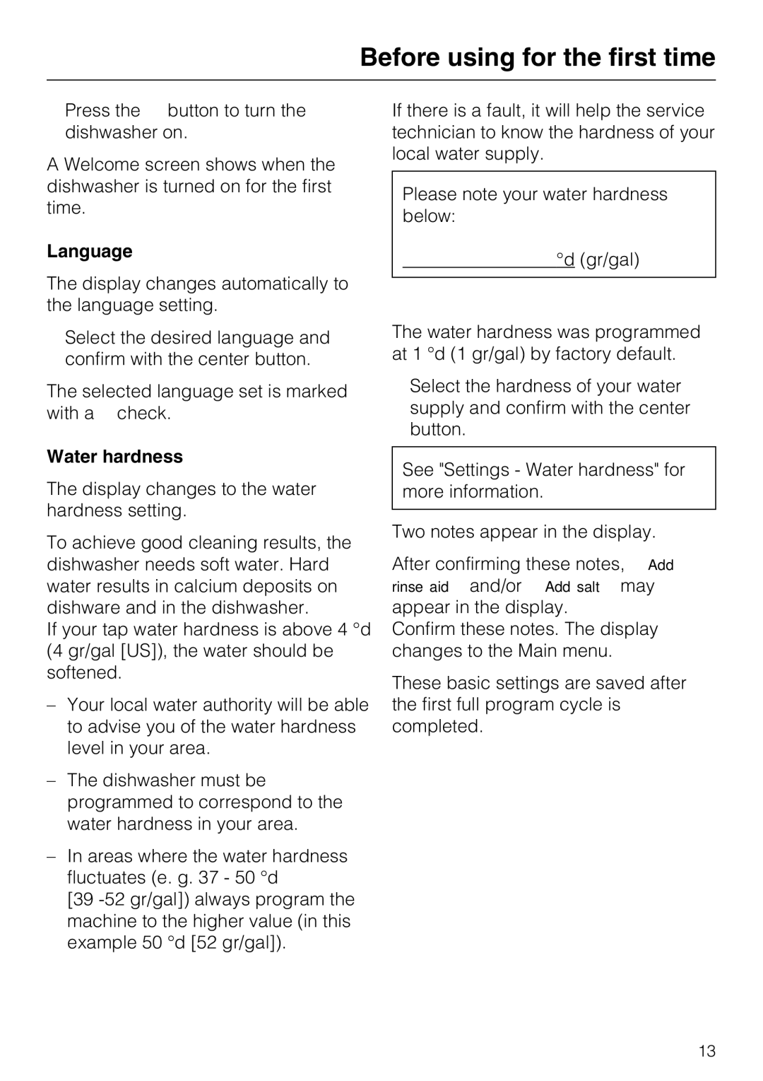 Miele G 5700, G 5705 operating instructions Language, Water hardness 