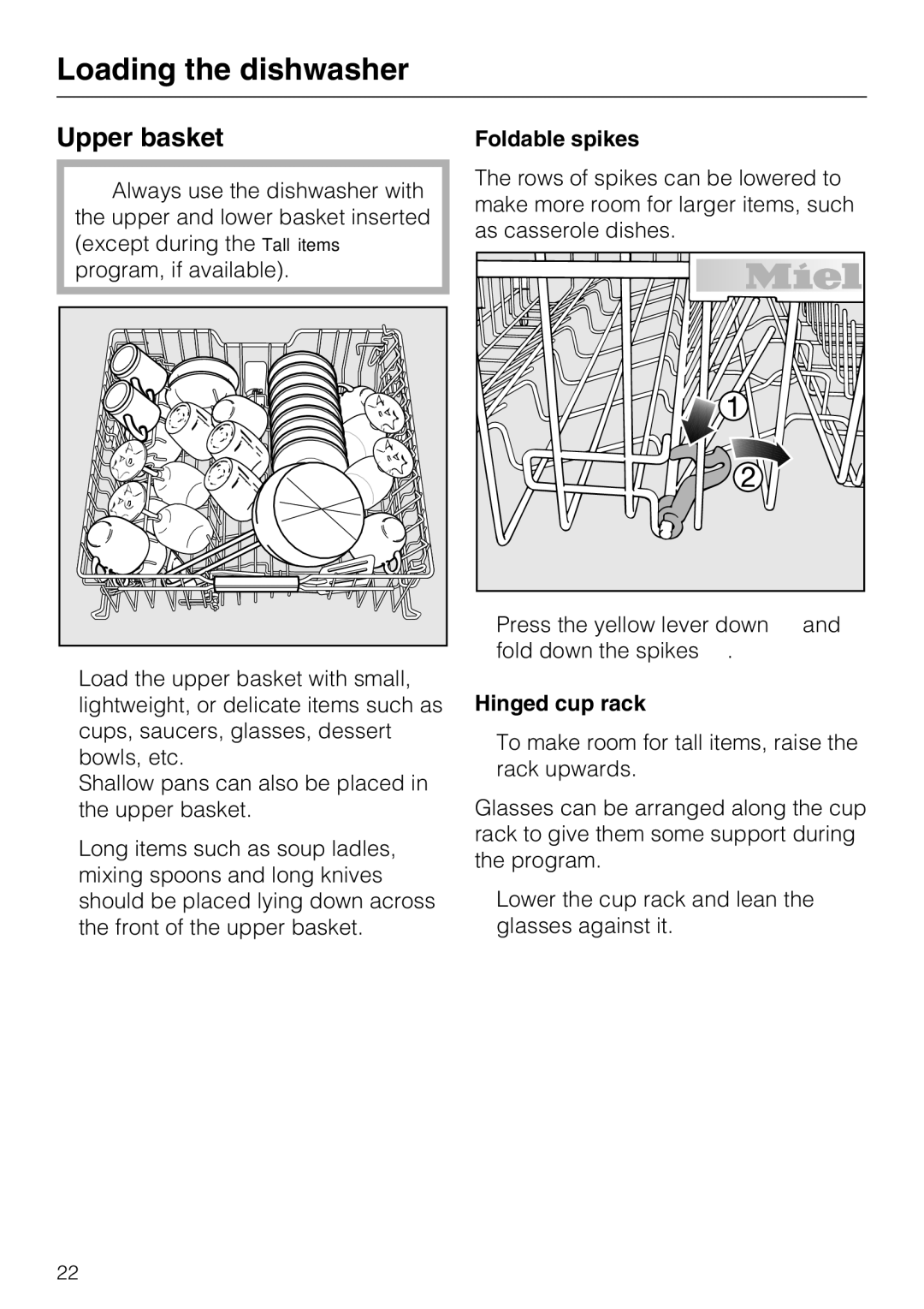 Miele G 5705, G 5700 operating instructions Upper basket, Foldable spikes, Hinged cup rack 