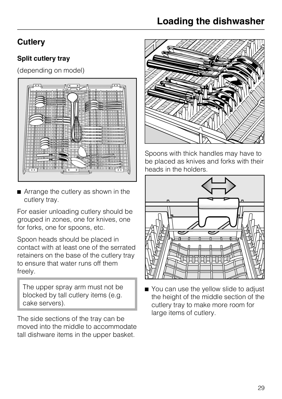 Miele G 5700, G 5705 operating instructions Cutlery, Split cutlery tray 