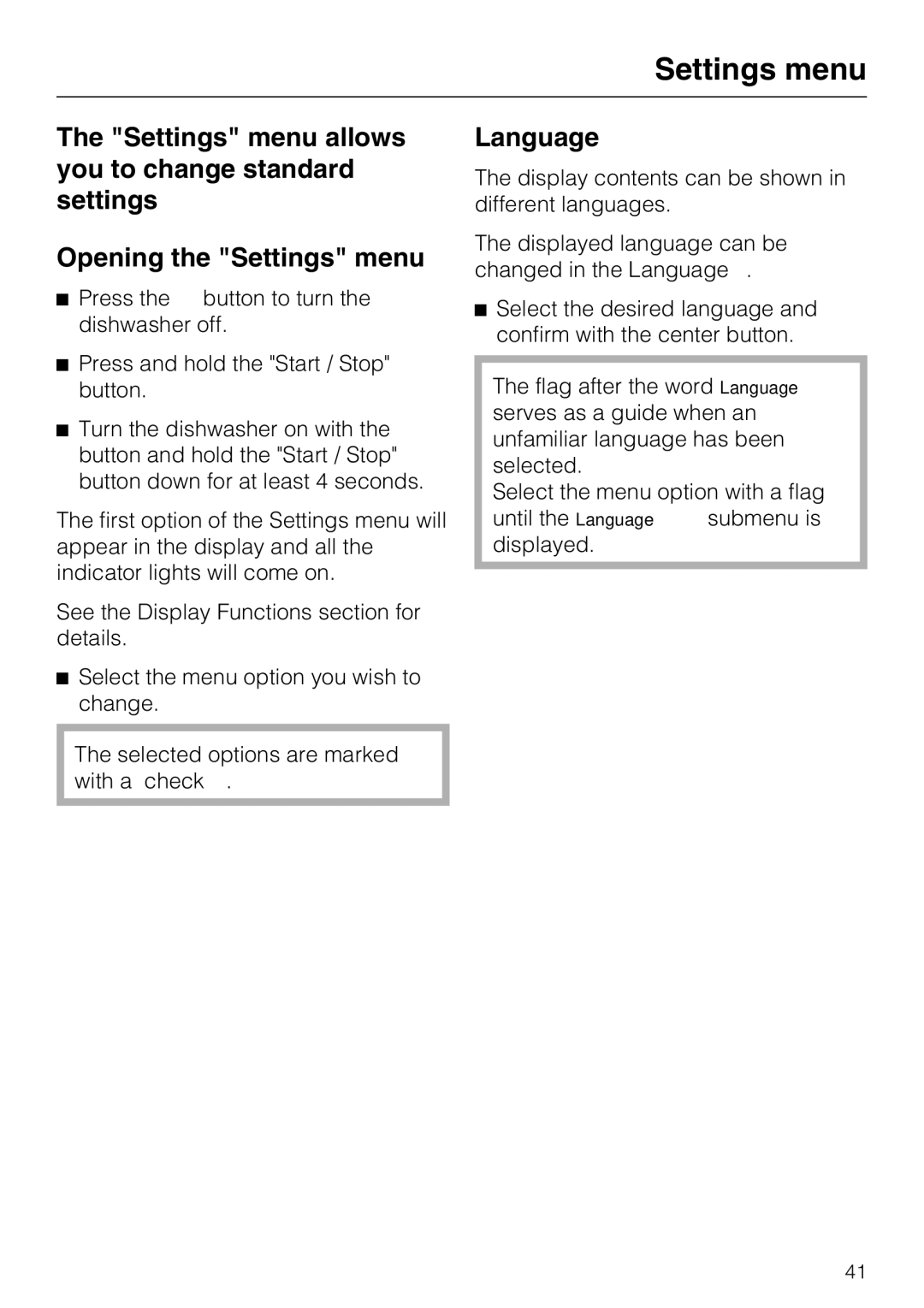 Miele G 5700, G 5705 operating instructions Settings menu, Language 