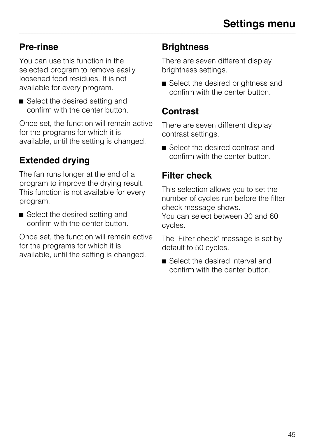 Miele G 5700, G 5705 operating instructions Pre-rinse, Extended drying, Brightness, Contrast, Filter check 