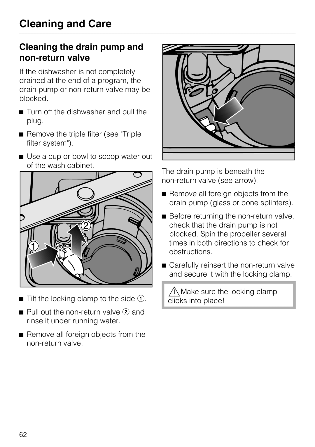 Miele G 5705, G 5700 operating instructions Cleaning the drain pump and non-return valve 