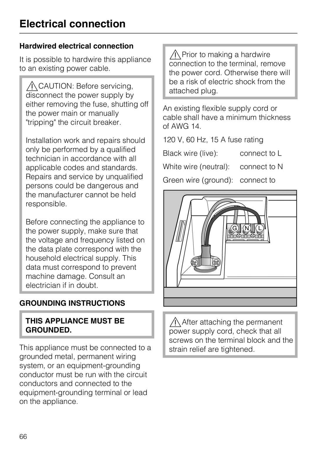 Miele G 5705, G 5700 Hardwired electrical connection, Grounding Instructions This Appliance Must be Grounded 