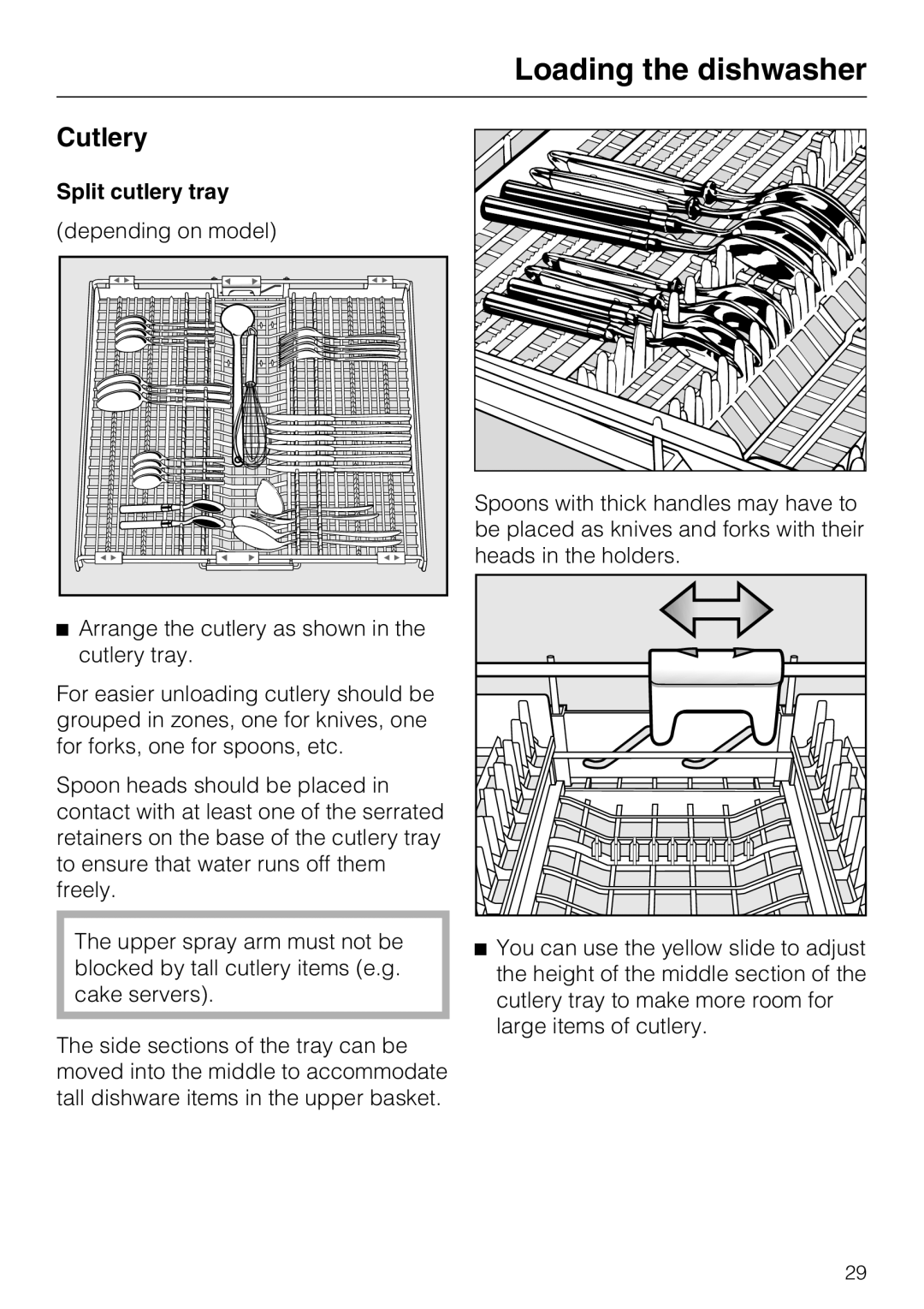 Miele G 5700, G 5705 operating instructions Cutlery, Loading the dishwasher, Split cutlery tray 