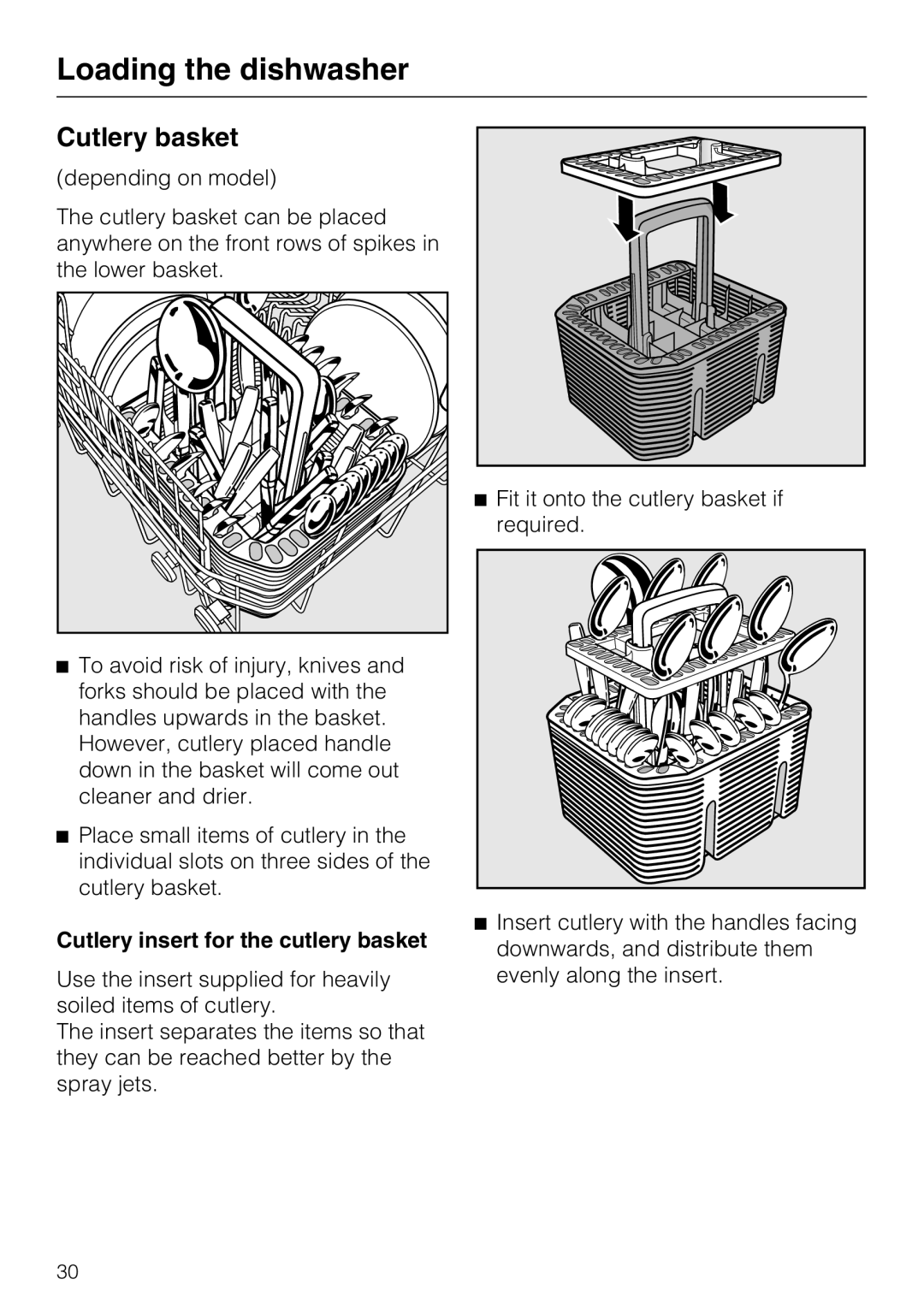 Miele G 5705, G 5700 operating instructions Cutlery basket, Loading the dishwasher, Cutlery insert for the cutlery basket 