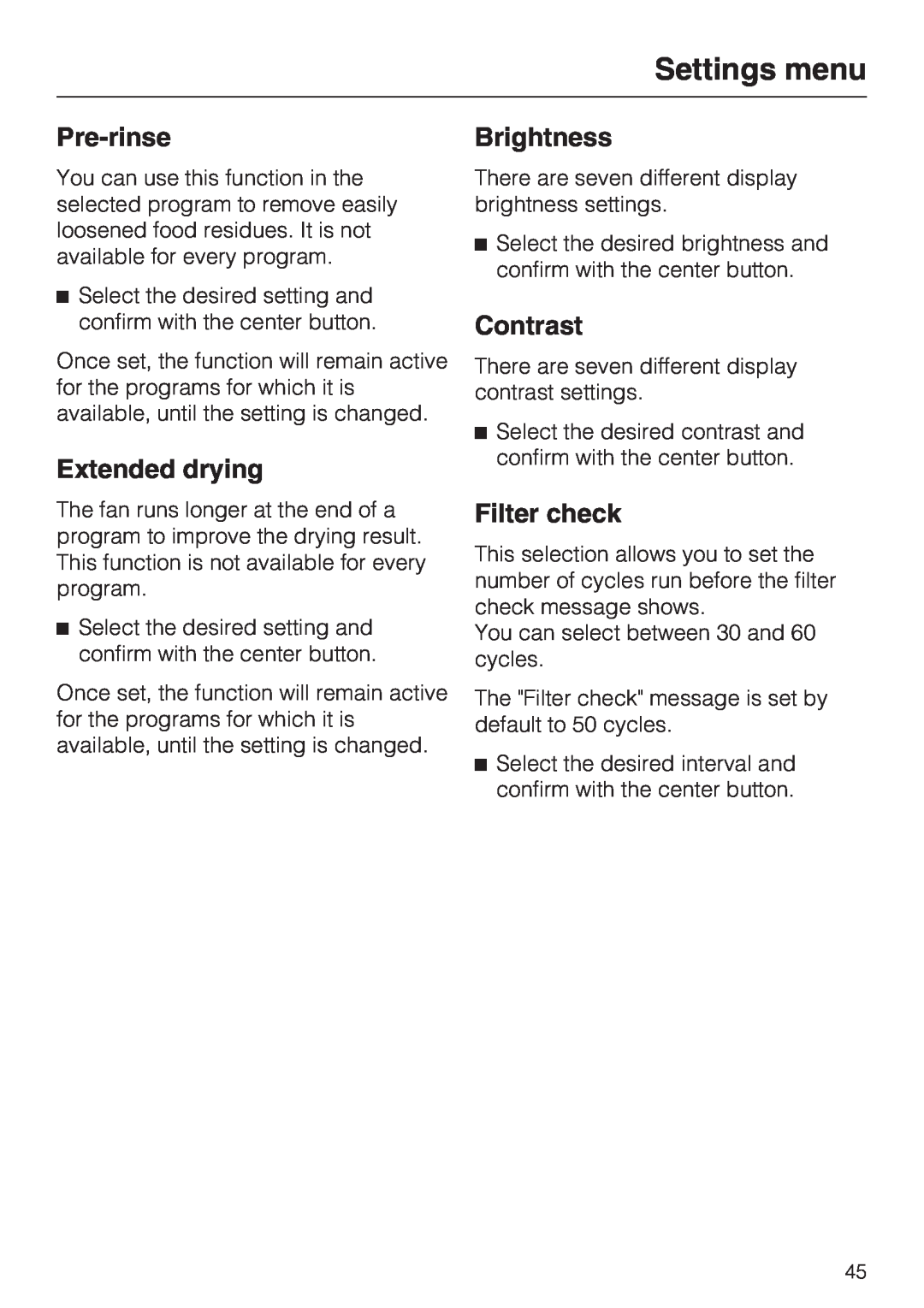 Miele G 5700, G 5705 operating instructions Pre-rinse, Extended drying, Brightness, Contrast, Filter check, Settings menu 