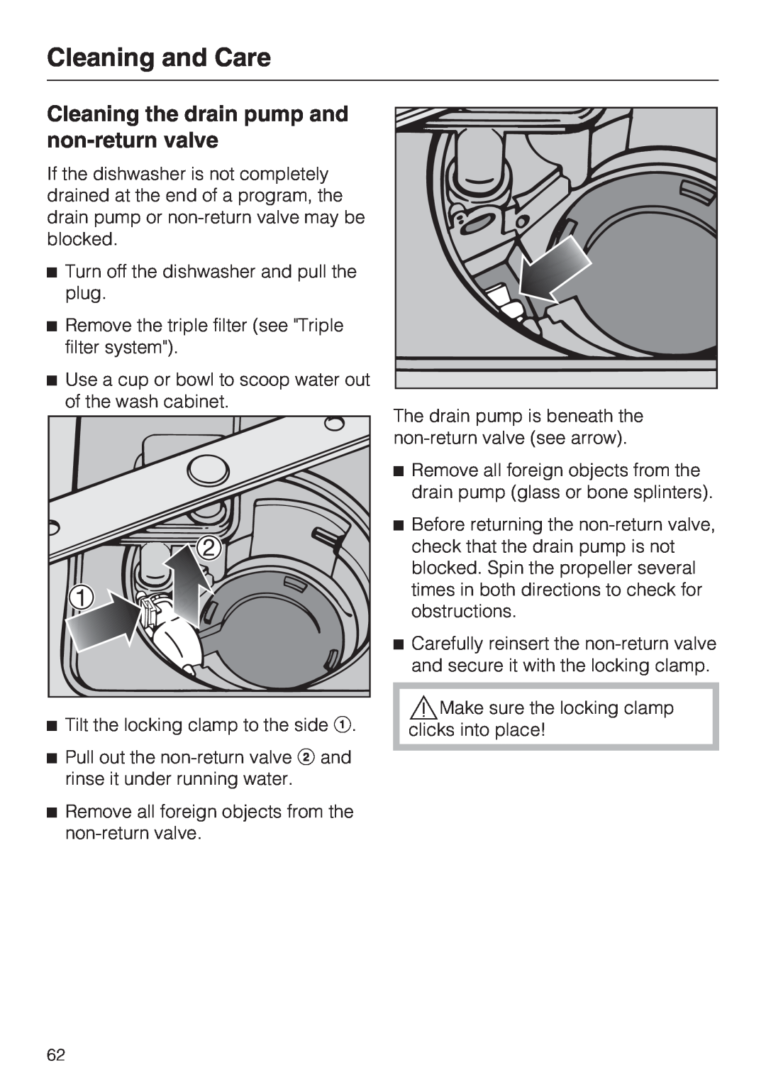 Miele G 5705, G 5700 operating instructions Cleaning the drain pump and non-returnvalve, Cleaning and Care 