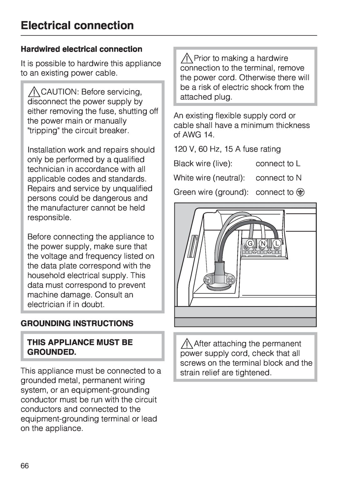 Miele G 5705, G 5700 operating instructions Electrical connection, Hardwired electrical connection, Grounding Instructions 