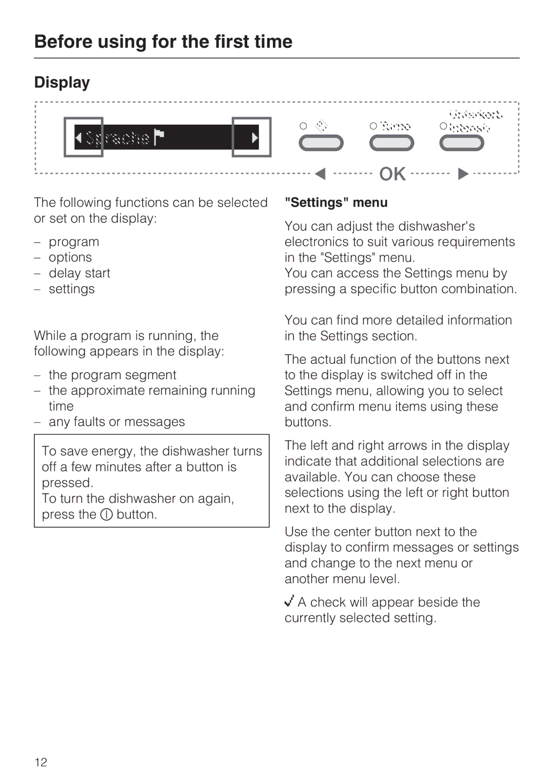 Miele G 5775, G 5770 manual Display, Settings menu 