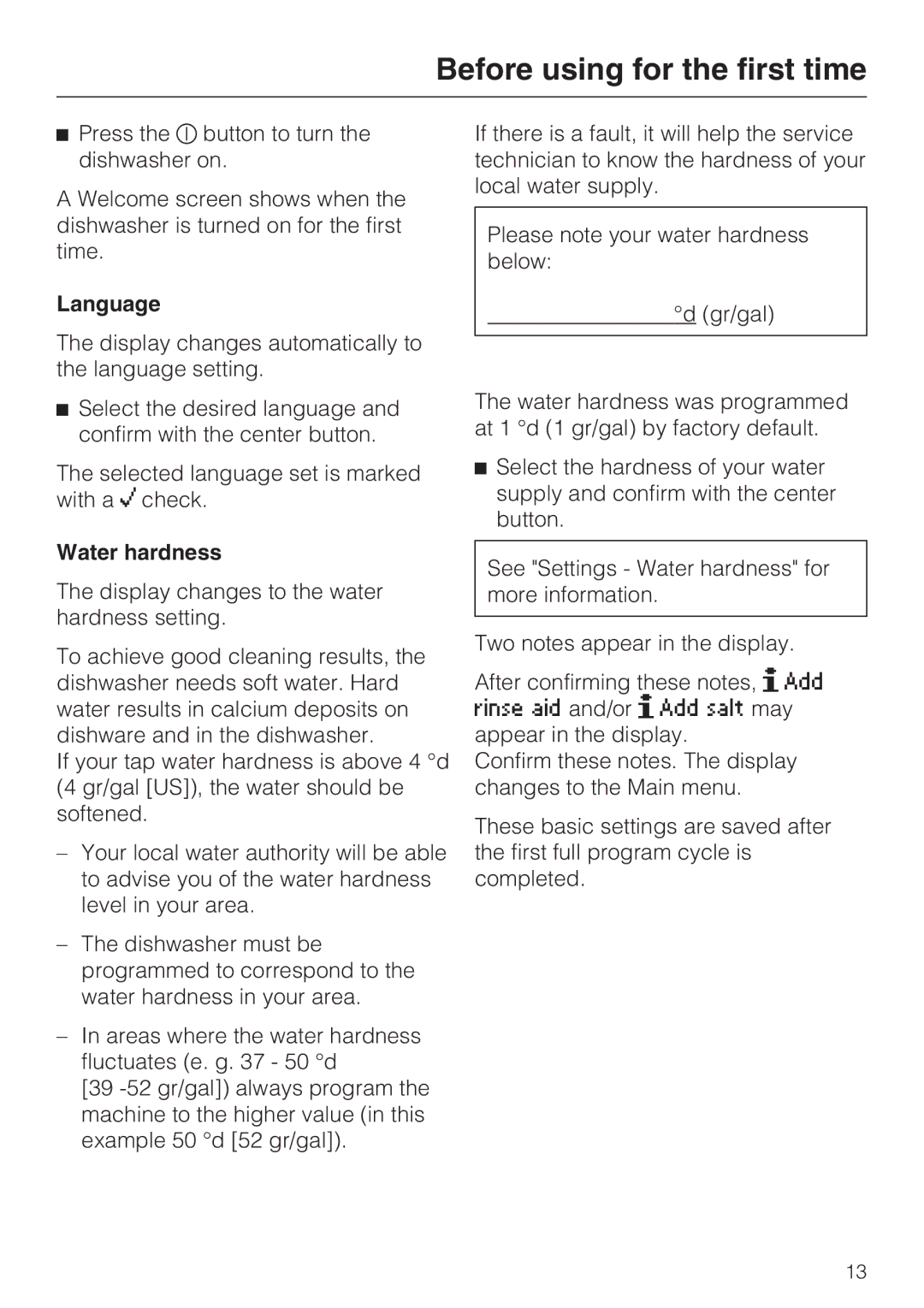 Miele G 5770, G 5775 manual Language, Water hardness 