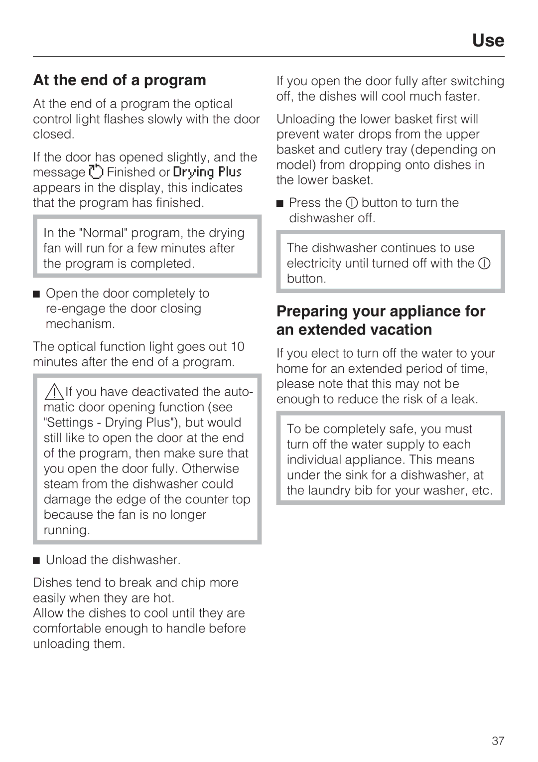 Miele G 5770, G 5775 manual At the end of a program, Preparing your appliance for an extended vacation 