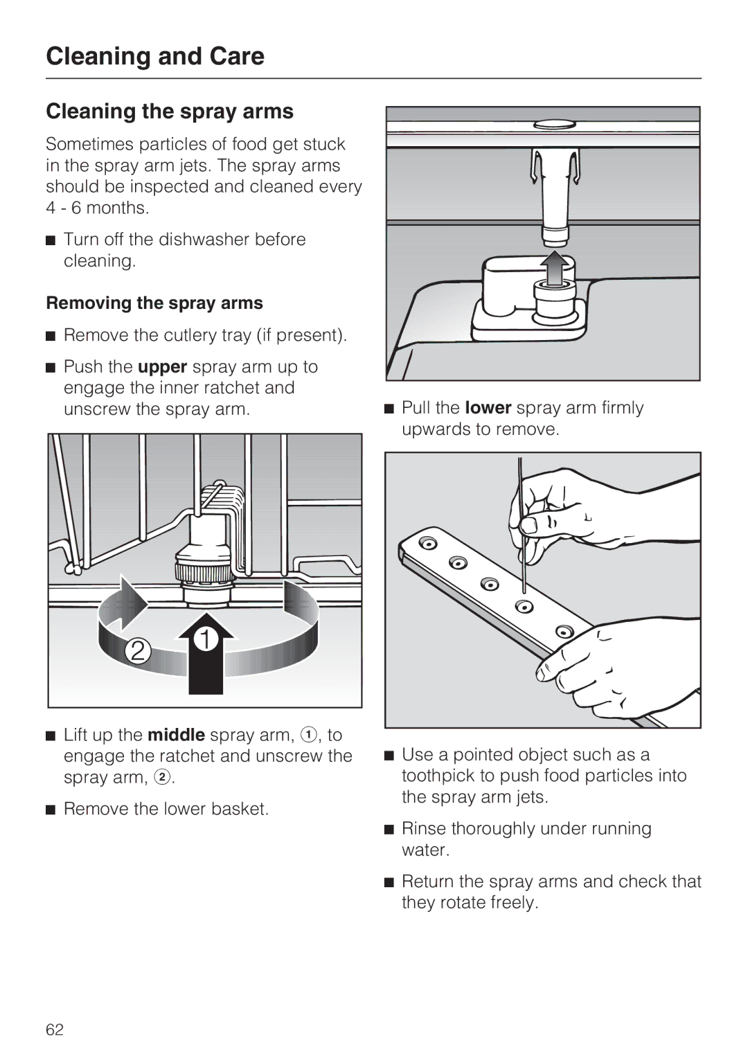 Miele G 5775, G 5770 manual Cleaning the spray arms, Removing the spray arms 