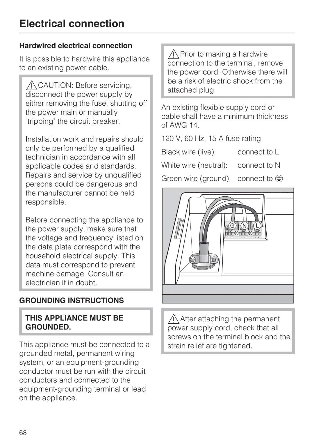 Miele G 5775, G 5770 manual Hardwired electrical connection, Grounding Instructions This Appliance Must be Grounded 