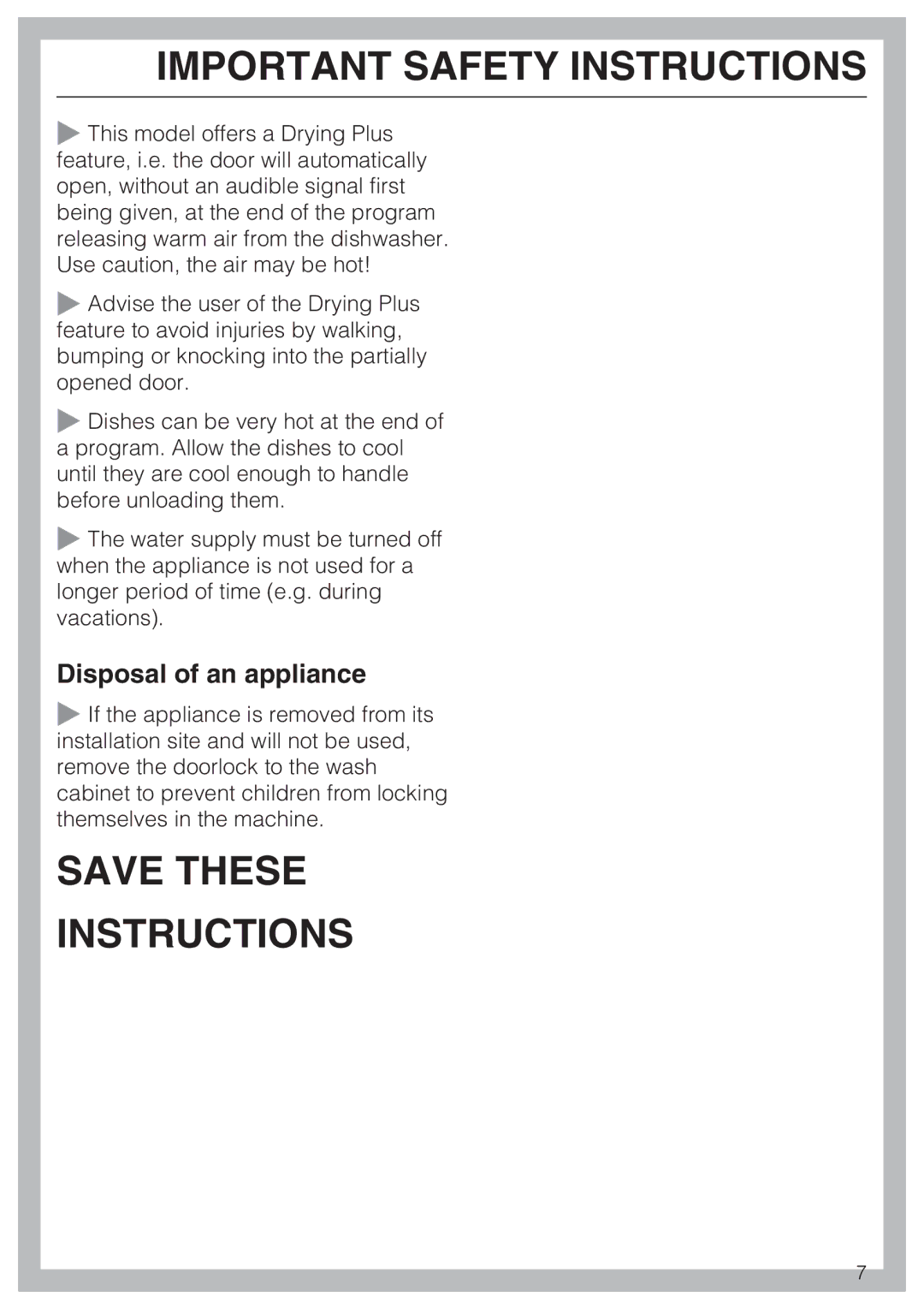 Miele G 5770, G 5775 manual Save These Instructions, Disposal of an appliance 